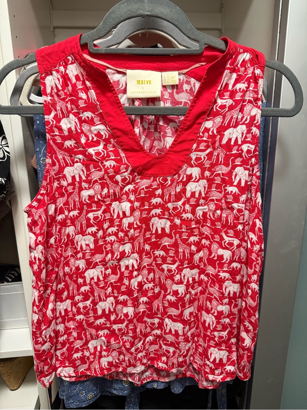 Maeve (Anthropologie) Red Animal Print V-Neck Sleeveless Top